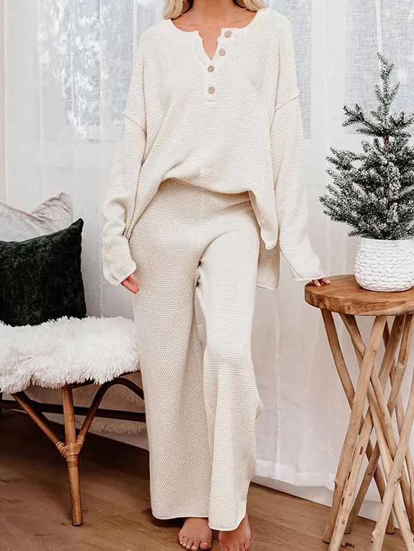 Women's 2 Piece Outfit Set Long Sleeve Button Pullover Sweater Top and Wide Leg Pants