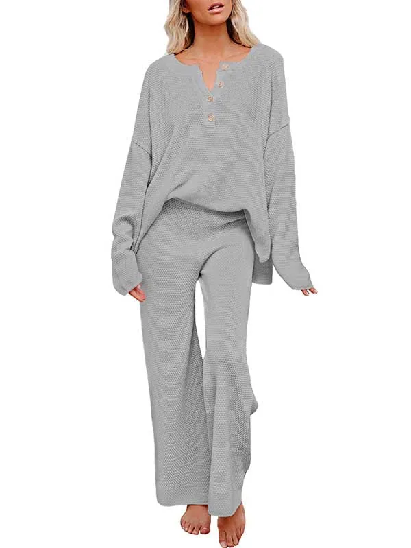 Women's 2 Piece Outfit Set Long Sleeve Button Pullover Sweater Top and Wide Leg Pants