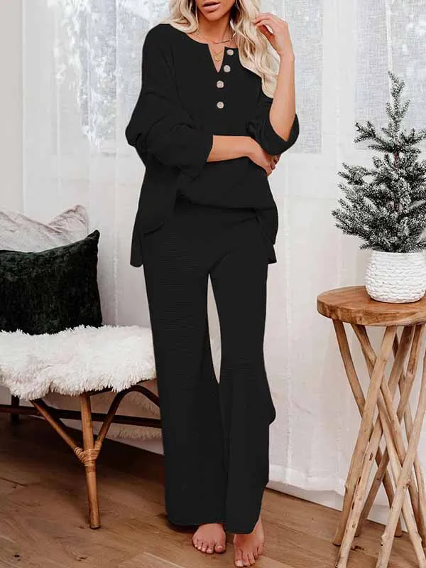 Women's 2 Piece Outfit Set Long Sleeve Button Pullover Sweater Top and Wide Leg Pants