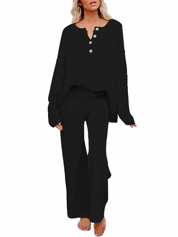 Women's 2 Piece Outfit Set Long Sleeve Button Pullover Sweater Top and Wide Leg Pants