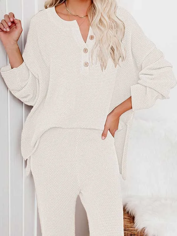 Women's 2 Piece Outfit Set Long Sleeve Button Pullover Sweater Top and Wide Leg Pants