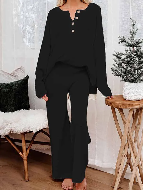 Women's 2 Piece Outfit Set Long Sleeve Button Pullover Sweater Top and Wide Leg Pants