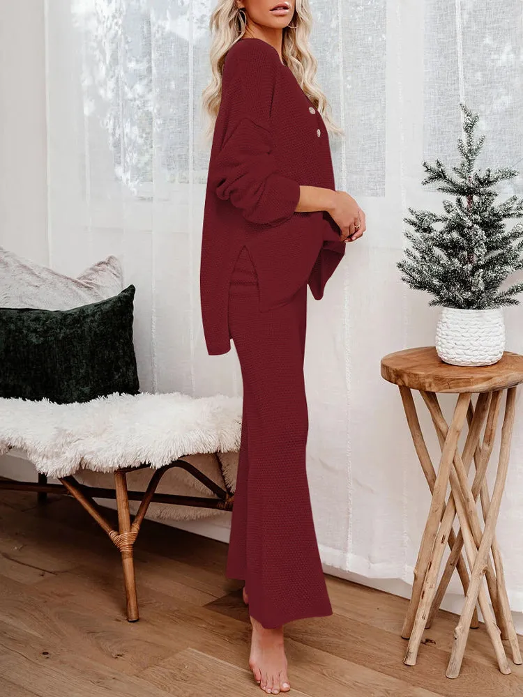 Women's 2 Piece Outfit Set Long Sleeve Button Pullover Sweater Top and Wide Leg Pants