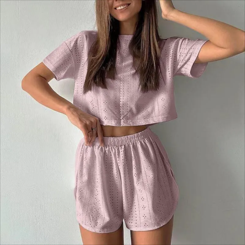 Women's Hollow-out Cropped T-Shirt and Shorts Two-piece Pajamas Set