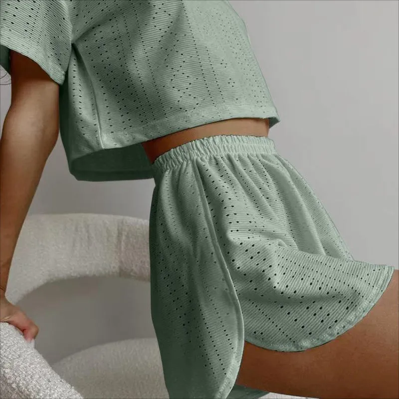 Women's Hollow-out Cropped T-Shirt and Shorts Two-piece Pajamas Set