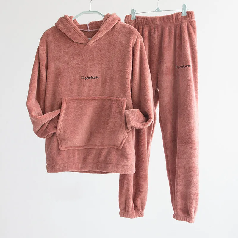 Women's Home Cute Coral Fleece Hoodie Sweatshirt Pyjama Set