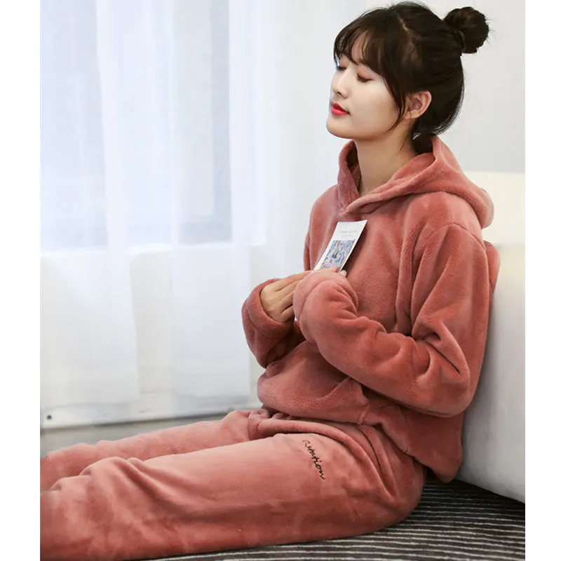 Women's Home Cute Coral Fleece Hoodie Sweatshirt Pyjama Set