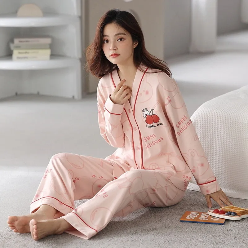 Women's Pajamas Set Cotton Cute Cartoon Print Sleepwear V Neck Homewear Casual Nightwear Femme Nightie for Girl