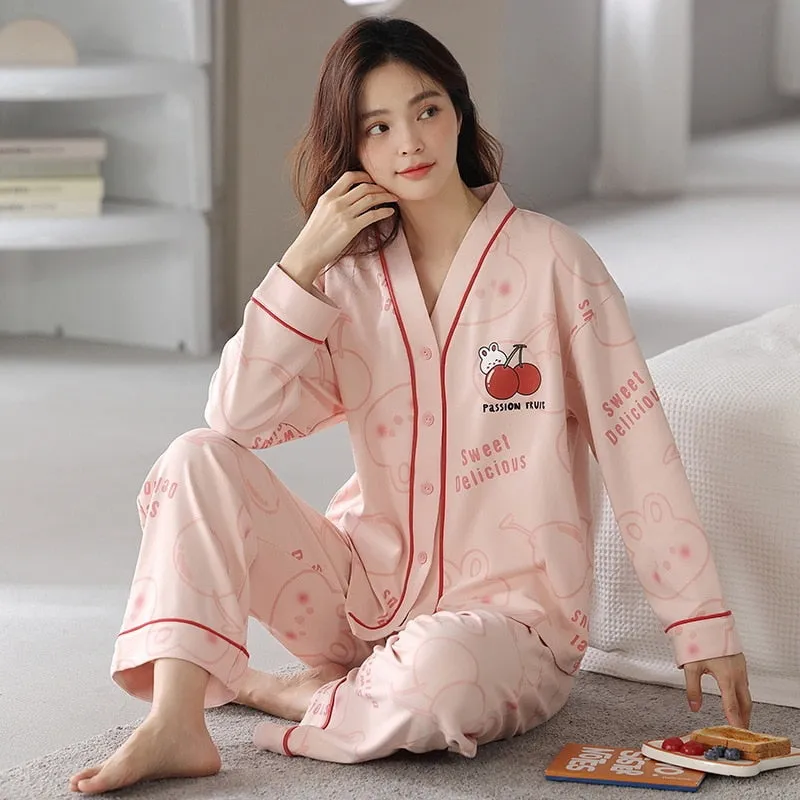 Women's Pajamas Set Cotton Cute Cartoon Print Sleepwear V Neck Homewear Casual Nightwear Femme Nightie for Girl