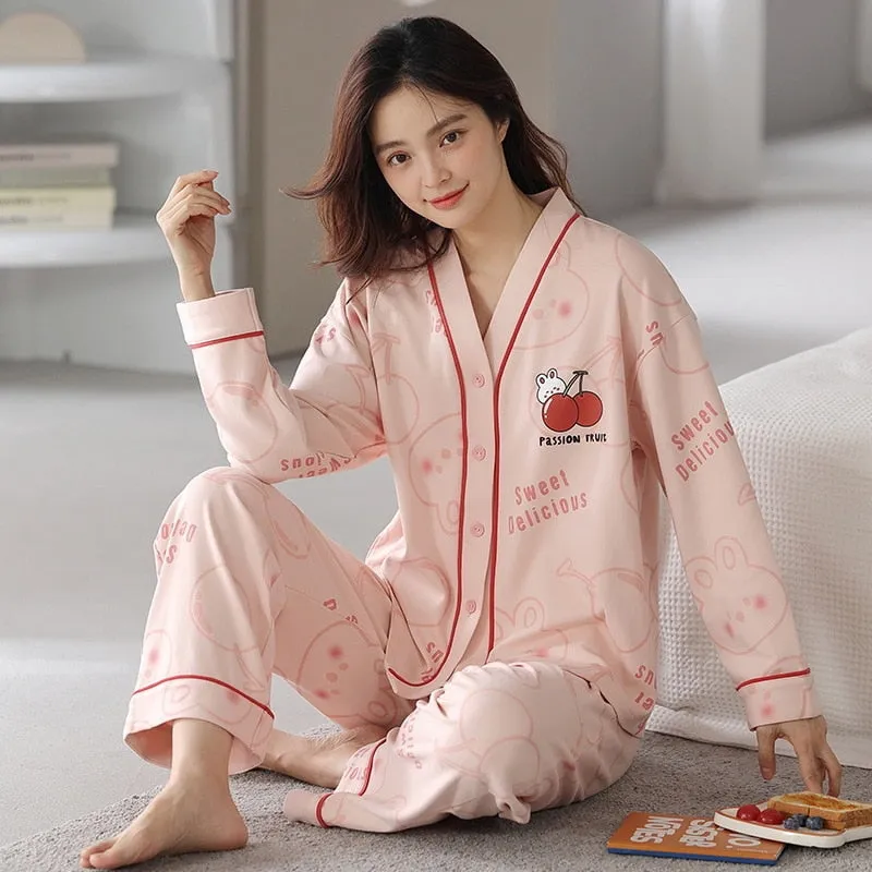 Women's Pajamas Set Cotton Cute Cartoon Print Sleepwear V Neck Homewear Casual Nightwear Femme Nightie for Girl