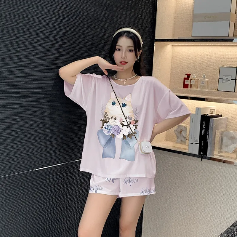 Women's Silk like Pajamas Cute Short Sleeve Shorts Two Piece Set Round Neck Summer Outwear Casual Home Clothing