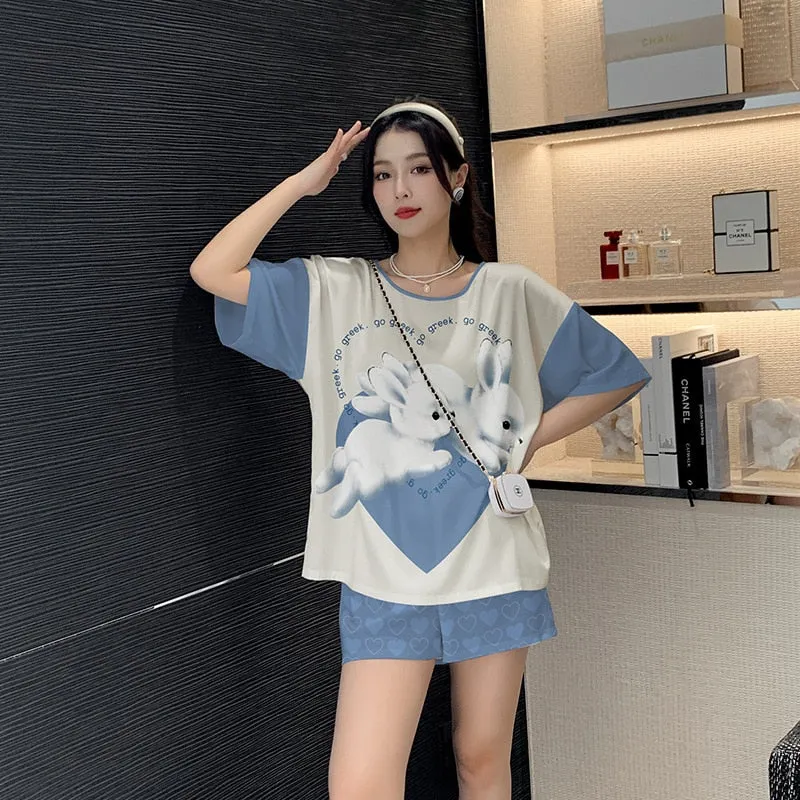 Women's Silk like Pajamas Cute Short Sleeve Shorts Two Piece Set Round Neck Summer Outwear Casual Home Clothing