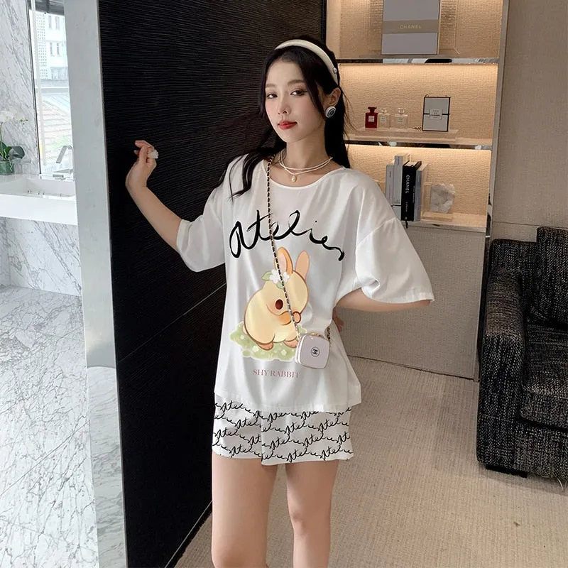 Women's Silk like Pajamas Cute Short Sleeve Shorts Two Piece Set Round Neck Summer Outwear Casual Home Clothing