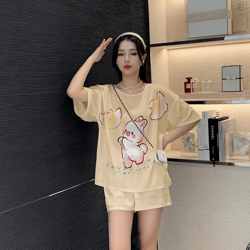 Women's Silk like Pajamas Cute Short Sleeve Shorts Two Piece Set Round Neck Summer Outwear Casual Home Clothing